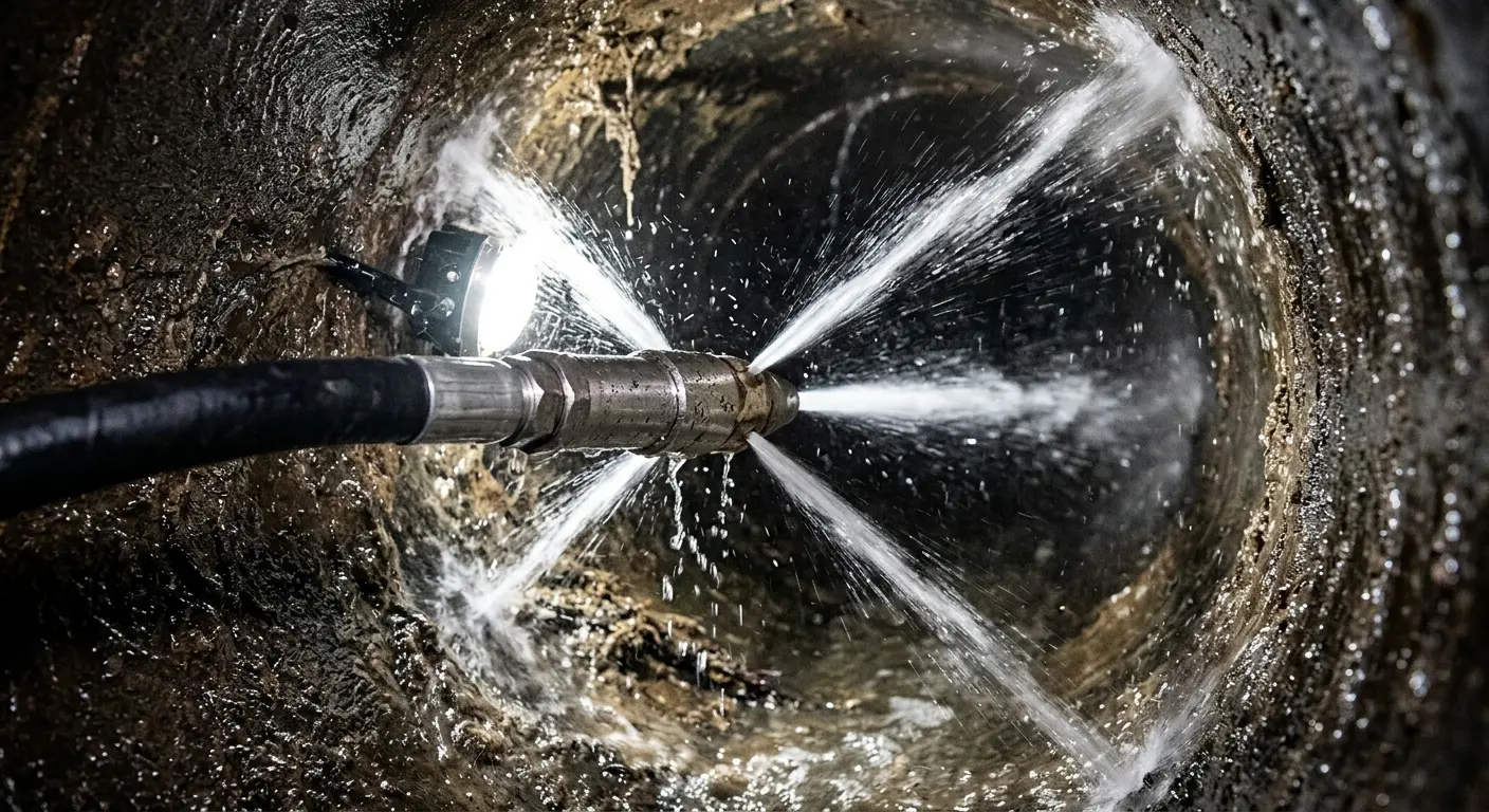 High-pressure hydro jetting nozzle cleaning sewer pipe for Sewer Cleanout in Stockton