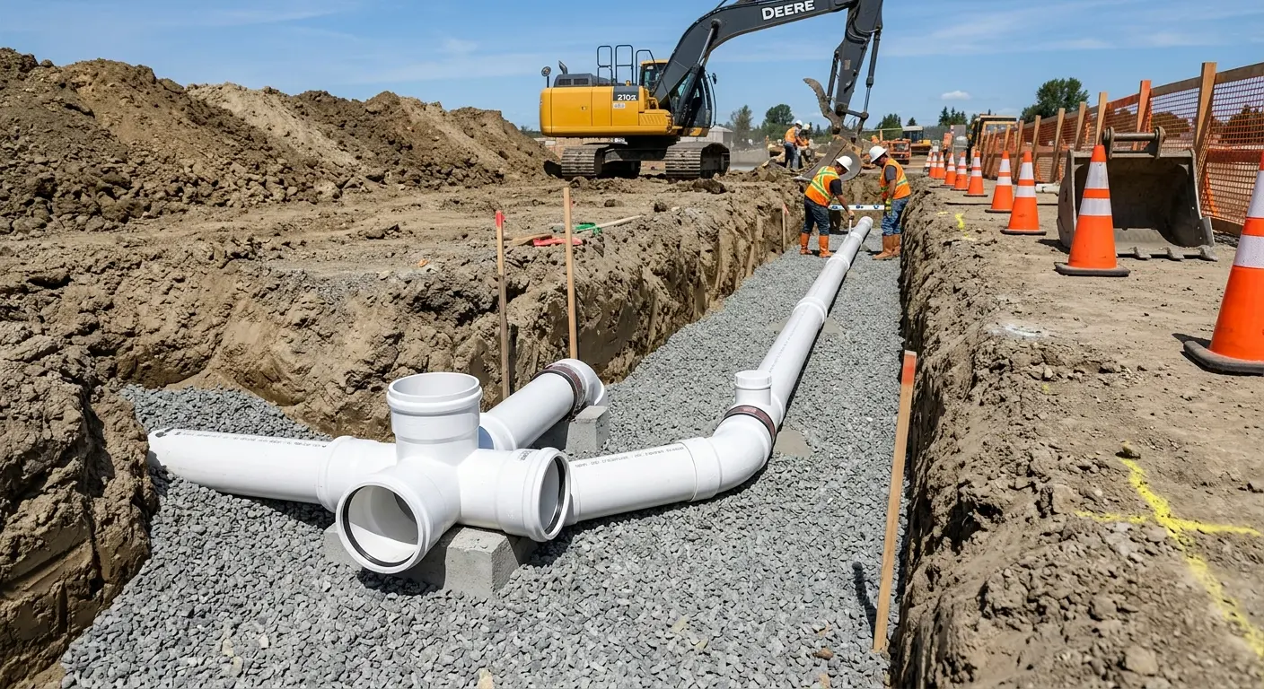 New PVC sewer pipe installation in open trench for Sewer Backup in Stockton