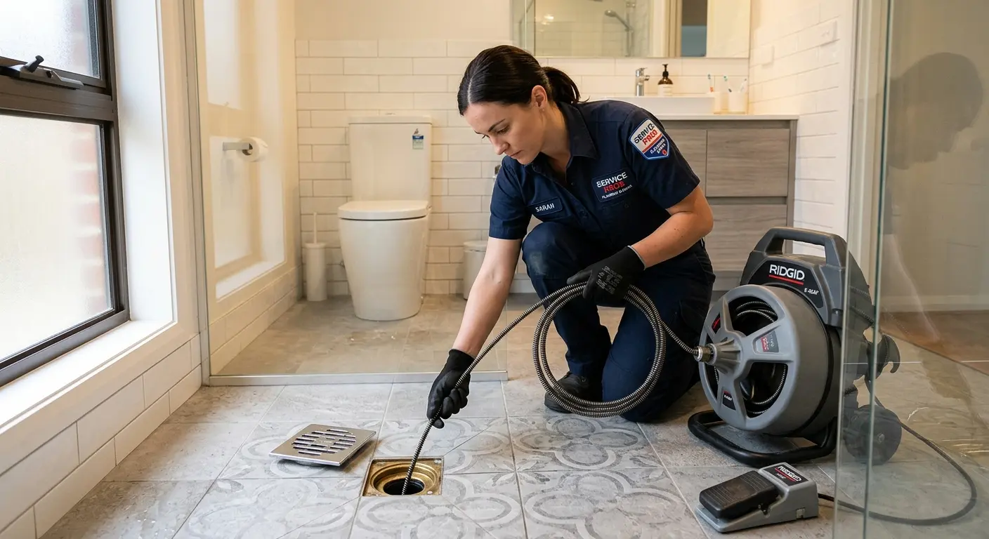 Technician clearing a bathroom floor drain for Sewer Line Replacement in Stockton